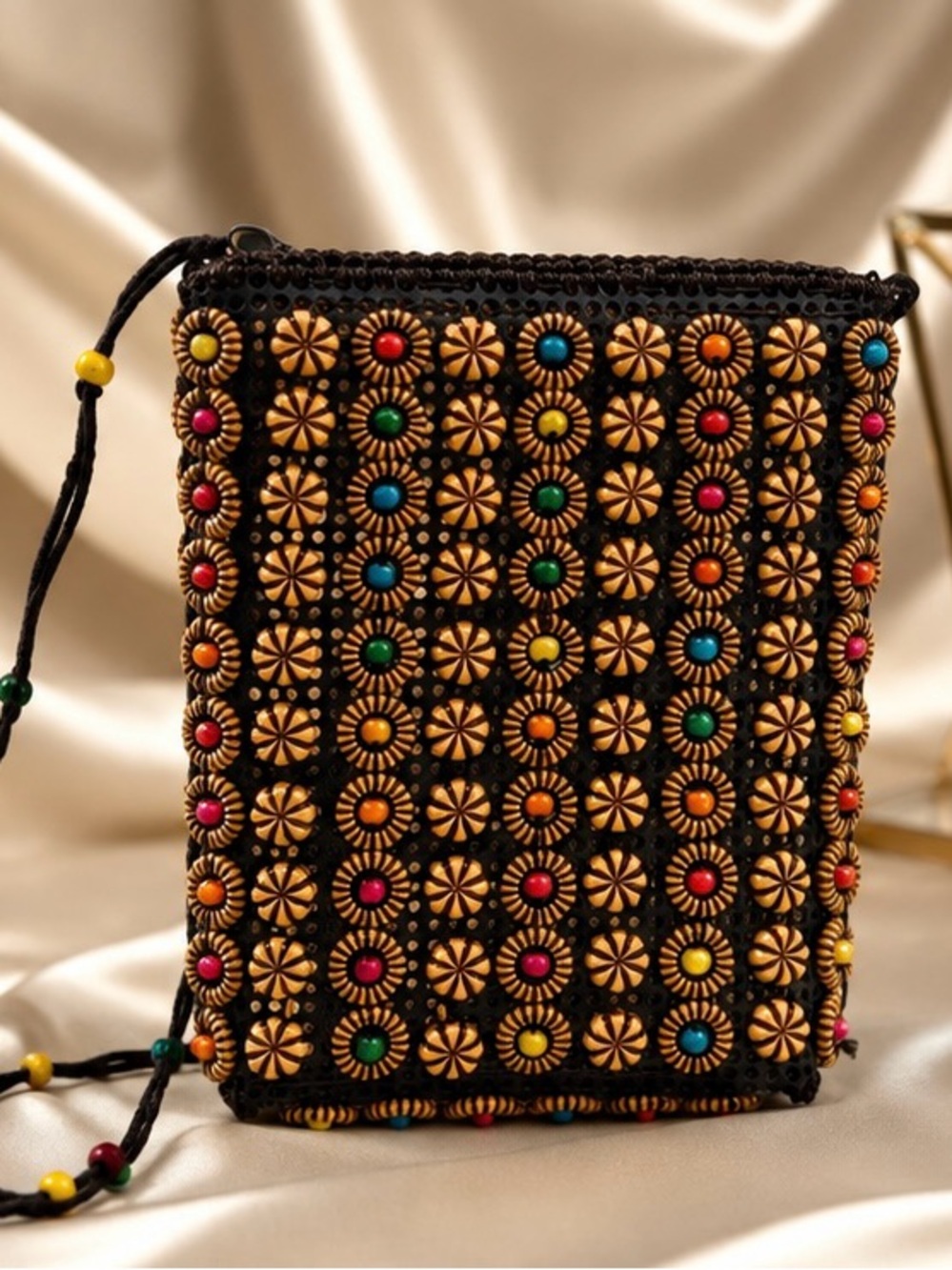 Black Beaded Crossbody Bag with Multicolor Accents